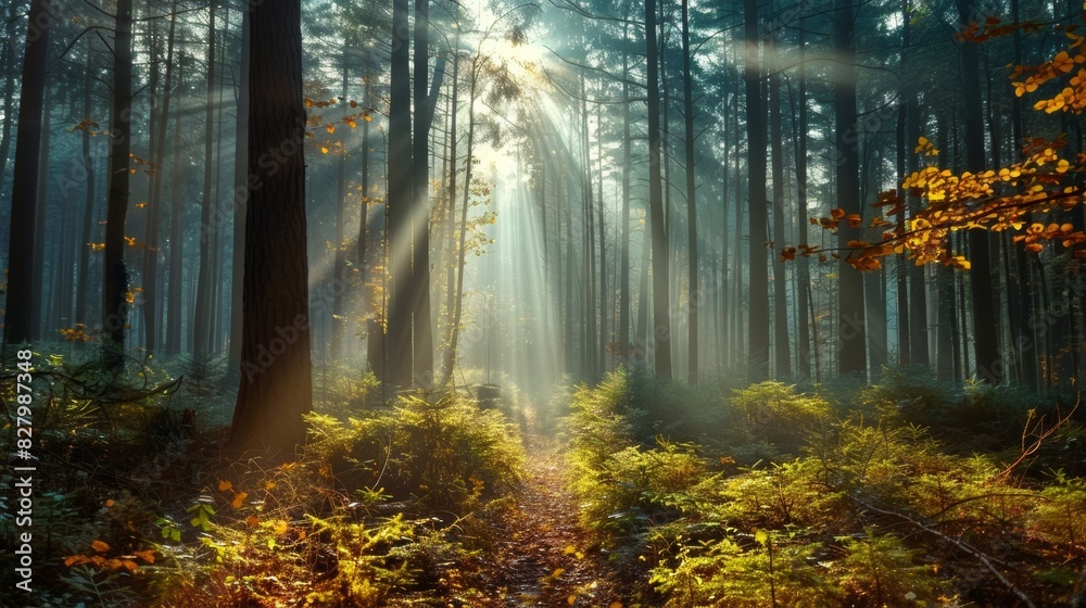 Naklejka premium Sunlight Beaming Through a Dense Forest with Lush Greenery