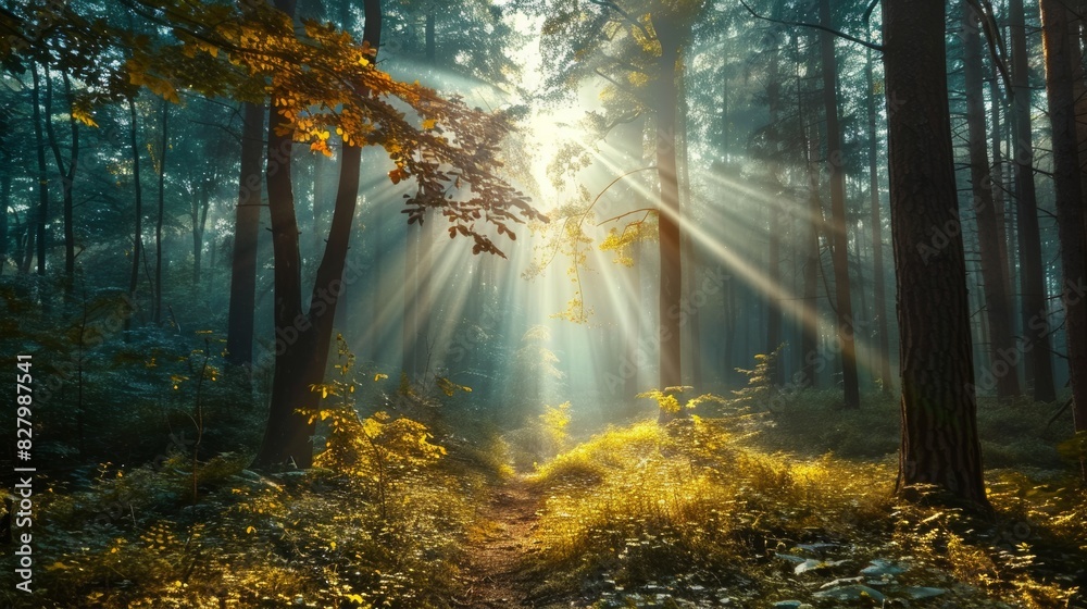 Fototapeta premium Sunlight Beaming Through a Dense Forest with Lush Greenery