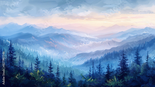 A painting of a mountain range with a blue sky and trees © jr-art