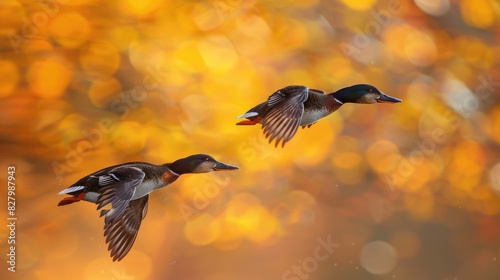 A pair of merganser ducks in flight photo