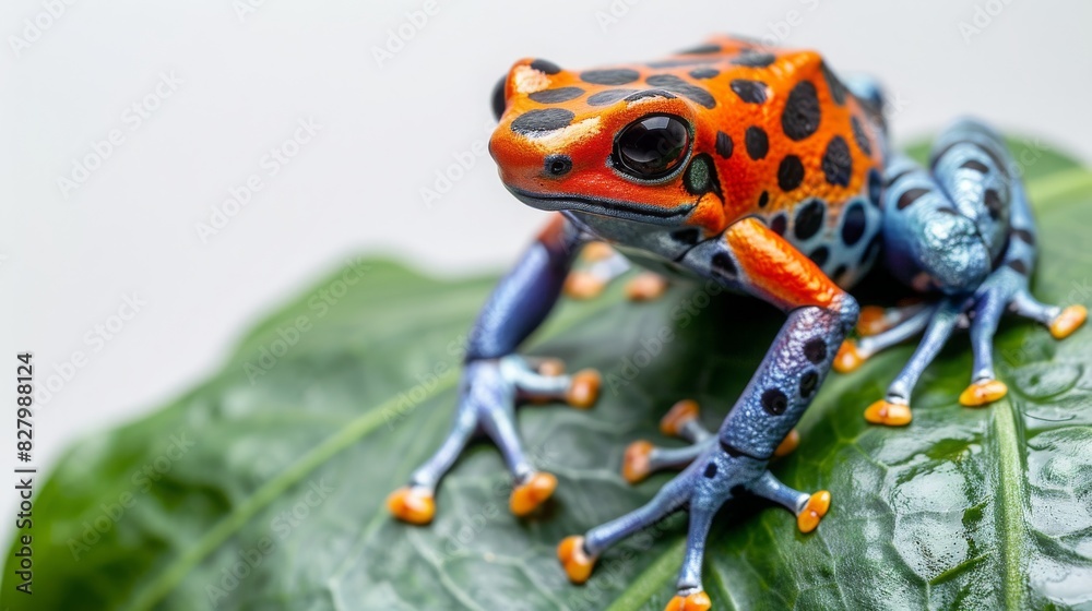 Close-up of a colorful dart frog on a leaf, showcasing vibrant orange and blue patterns on its skin and legs. Close-up of a colorful dart frog on a leaf, showcasing vibrant orange and blue patterns on its skin and legs.