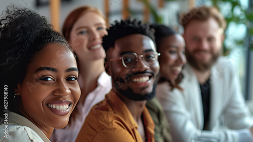 Photo of diverse group of leaders smiling, Successful business team gathered in a boardroom, young professional business people standing together
