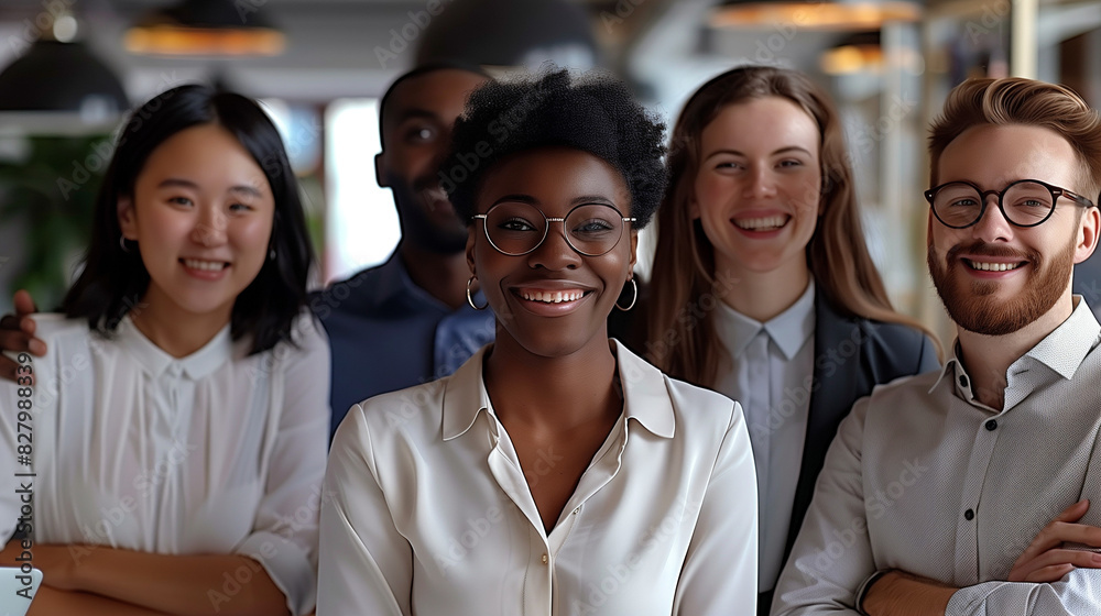 Photo of diverse group of leaders smiling, Successful business team gathered in a boardroom, young professional business people standing together