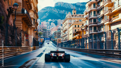 Formula One race car driving on race track during f1 competition on blurred background showing buildings on the streets of Monaco, photo