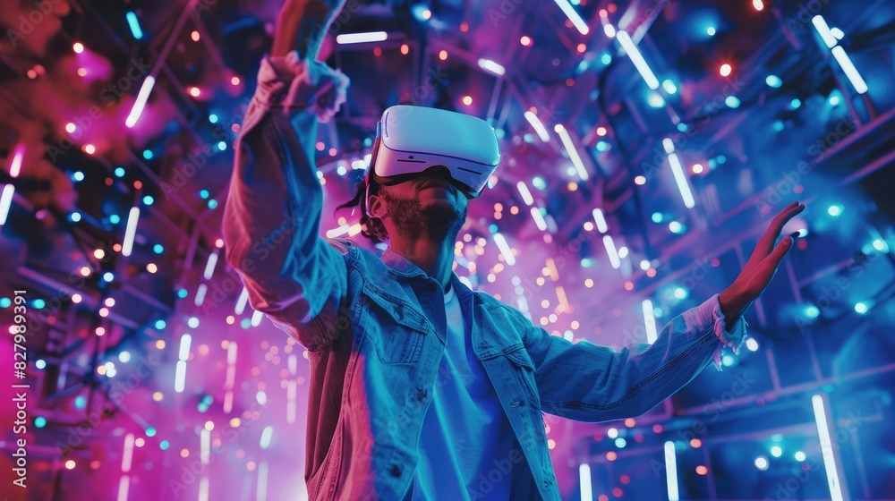 Caucasian man moving to music while using virtual reality glasses. Energetic person with casual cloth enjoy dancing while enter metaverse or simulated