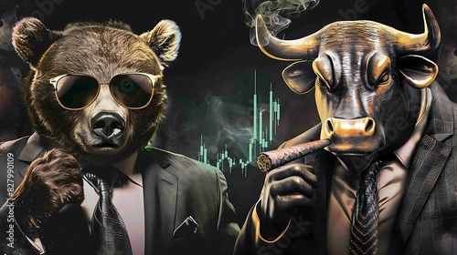 Bear in Suit with Sunglasses and Bull in Suit with Cigar, Staring at Bitcoin with Green Upward Arrow. Generative AI