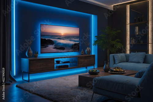 Smart TV in modern living room with blue lighting and connected blue neon lights for a stylish look. 3d render. Generative ai. © Gang studio