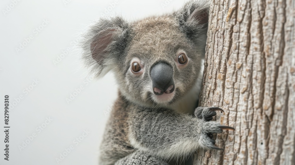 Fototapeta premium Cute koala bear clinging to a tree trunk with a curious expression. Perfect for wildlife and nature photography. High-quality stock image.