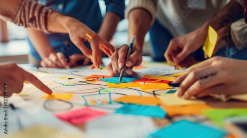 Creative business team brainstorming about marketing strategy and business plan by using mind mapping. Startup team work together to write down on paper. Focus on hand. Closeup. Variegated