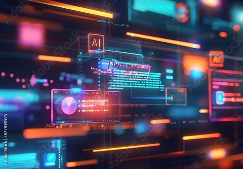 A holographic chat interface with text box icons displaying "AI" and code background, creating an immersive experience for user interaction. Digital vector illustration.