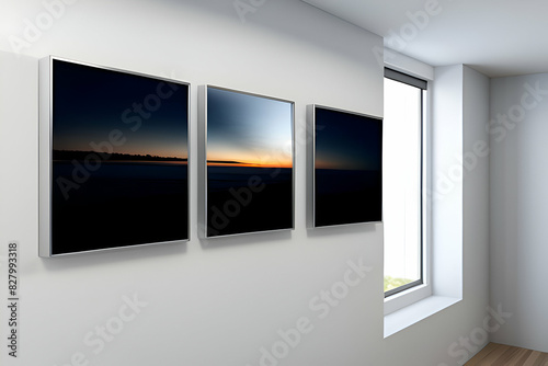 Three frames hanging on a wall mockup 3d rendering