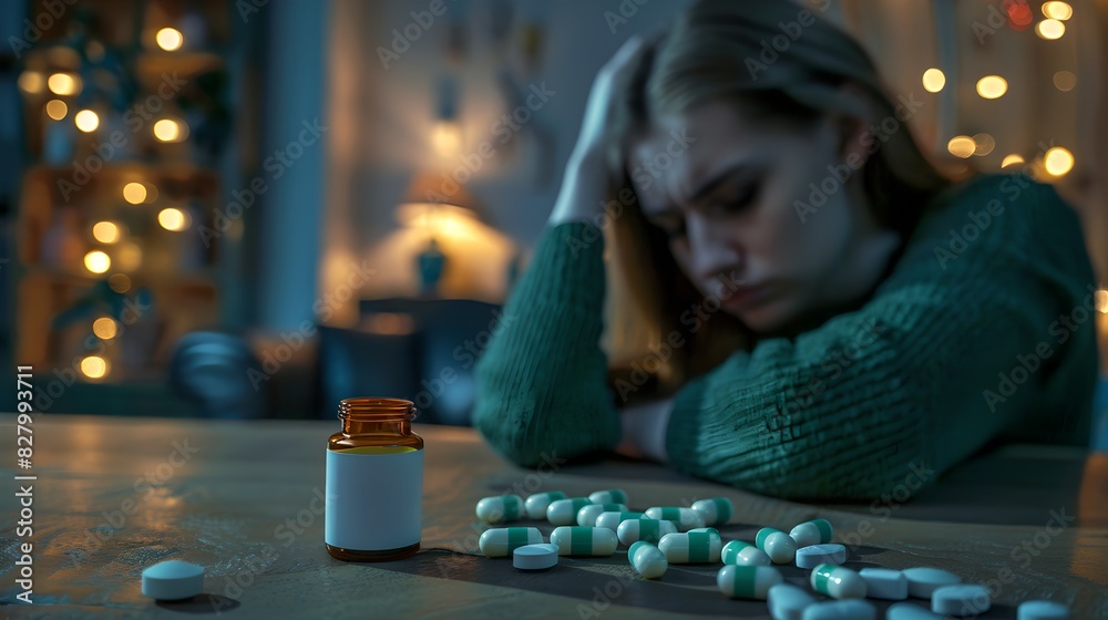 Depressed woman staring at pills on a table. Emotional scene highlighting mental health struggles. AI. Depressed woman staring at pills on a table. Emotional scene highlighting mental health struggles. AI.