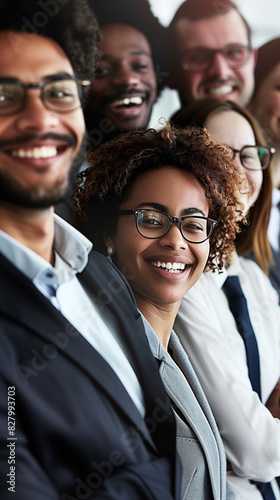 Photo of diverse group of leaders smiling, 
Successful business team gathered in a boardroom, young professional business people standing together