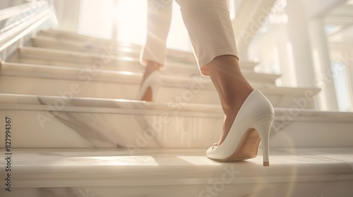 Wallpaper Mural Elegant woman on marble stairs in high heels. Classy ascent. Focus on white shoes and light setting. Purpose: grace and fashion. AI Torontodigital.ca