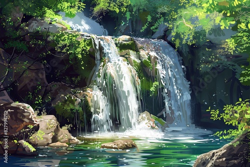 Painting of a waterfall cascading through a lush forest, surrounded by green trees and rocks. Generative AI