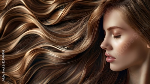 A stunning portrait of a woman with flowing hair. Soft light creates a surreal, dream-like effect. Great for beauty, fashion, and elegance themes. AI