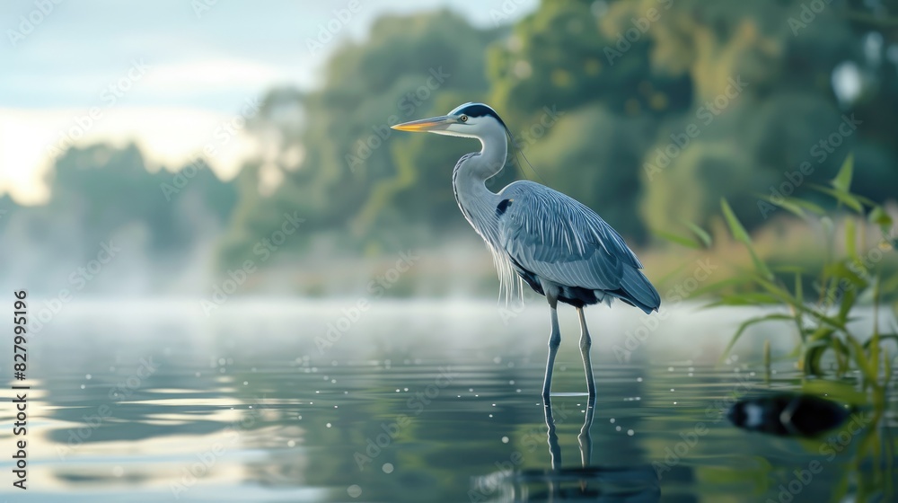 Naklejka premium Portrait of a Grey Heron standing gracefully in a tranquil lake
