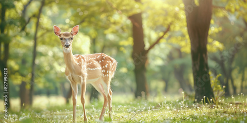 Young deer standing in a sunlit forest glade
