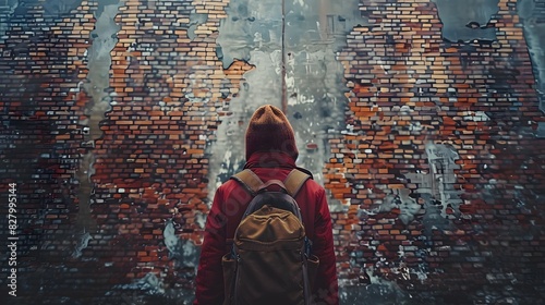 Confronting Obstacles: Person Feeling Trapped and Hopeless by a Towering Brick Wall photo
