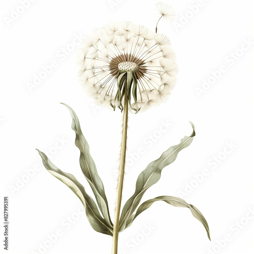 Botanical illustration of white dandelion with green leaves on white background

