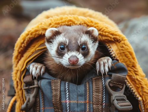 Cute ferret peeking out from a backpack, covered with a yellow blanket during an outdoor adventure. Adorable and curious animal. photo