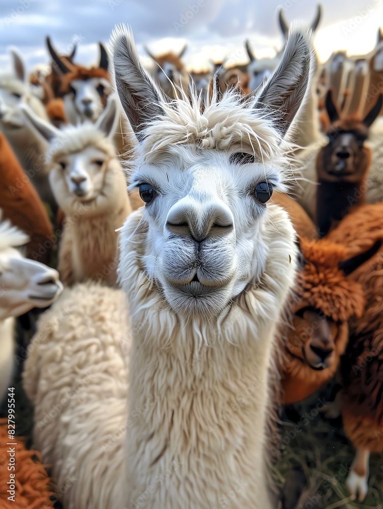 Close-up of a curious llama in a herd, showcasing the unique and expressive faces of these charming animals in a natural outdoor setting.