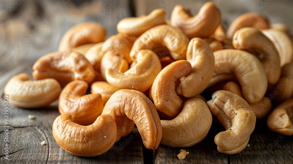Pile of Roasted Cashews on Rustic Wooden Table Pile of Roasted Cashews on Rustic Wooden Table