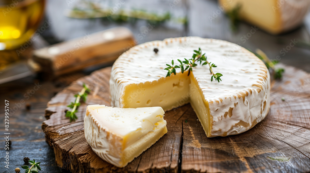 Wheel of Soft Cheese with Slice and Thyme on Rustic Wooden Board Wheel of Soft Cheese with Slice and Thyme on Rustic Wooden Board