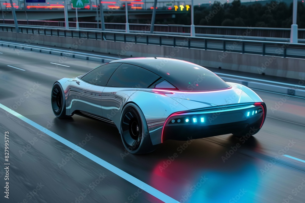 Naklejka premium Autonomous car effortlessly gliding through an urban highway, with futuristic architecture in the background