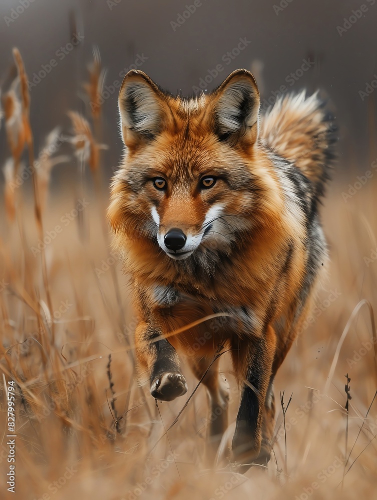 A majestic red fox walking through tall, dry grass in a natural setting, showcasing its beautiful fur and intense gaze.