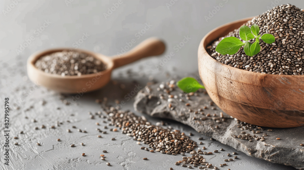 Chia Seeds in Wooden Bowl on Gray Background Chia Seeds in Wooden Bowl on Gray Background