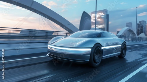 Sleek futuristic car navigating through city traffic at sunset, blending technology with urban life