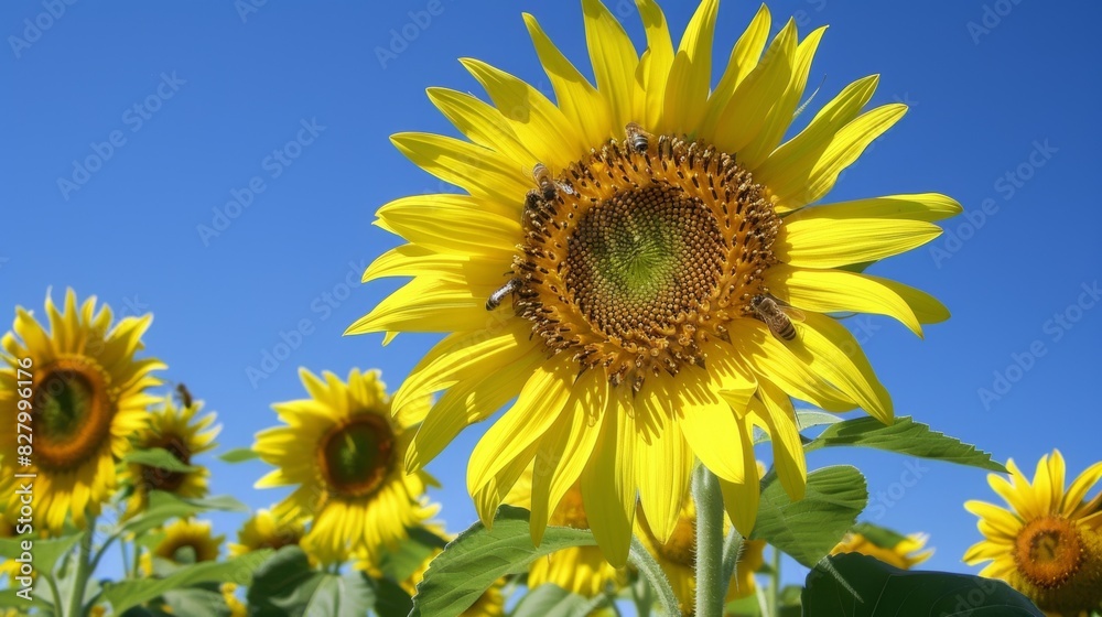 A sunny yellow sunflower its large face adorned with numerous bees eagerly collecting pollen. A sunny yellow sunflower its large face adorned with numerous bees eagerly collecting pollen.