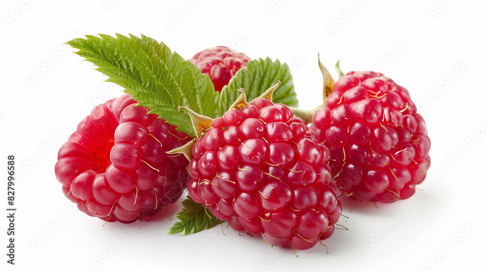 Fresh Raspberries with Leaves on White Background Fresh Raspberries with Leaves on White Background