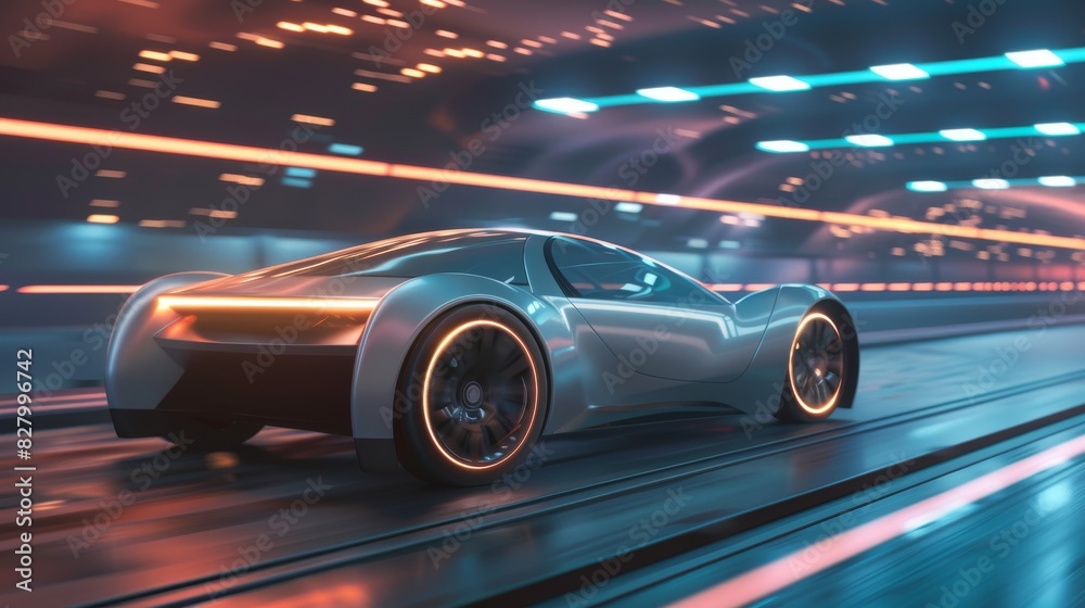 Fototapeta premium Racing down the city streets at night, the futuristic cars lights streak through the scene