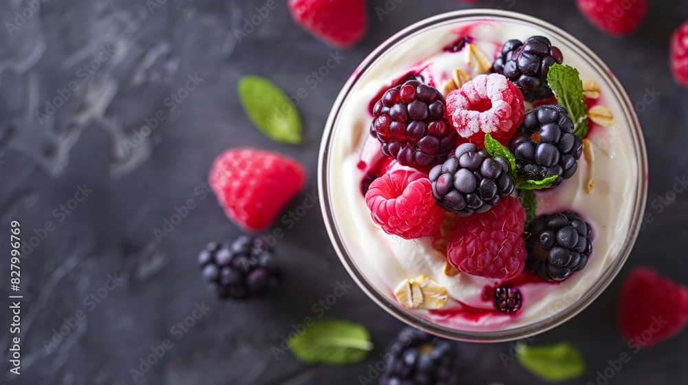 Yogurt with Mixed Berries and Mint on Dark Background Yogurt with Mixed Berries and Mint on Dark Background