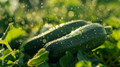 Fresh Zucchini in Garden with Water Droplets