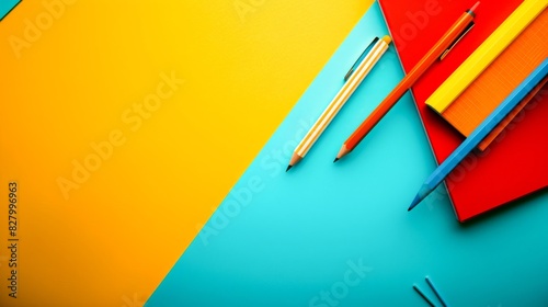 A pen and a pair of scissors are placed on a vibrant, colorful surface