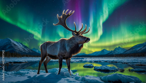 Portrait of a highly detailed majestic reindeer standing by a lake with the beautiful northern lights dancing in the sky