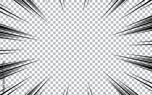 Comic manga transparent background with radial lines frame speed action effect vector. Explosion anime comic book cartoon pattern.