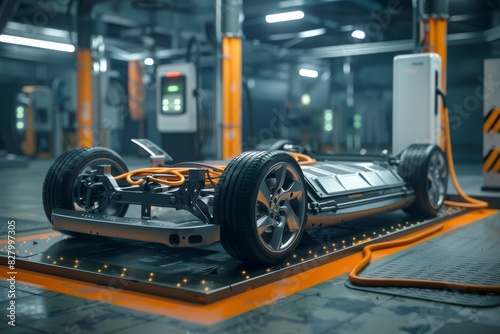Sleek autonomous car in a mechanical garage, emphasizing modern design and automation in vehicle maintenance