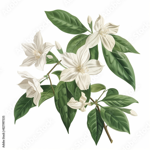 Botanical illustration of white clematis flowers with green leaves on white background 