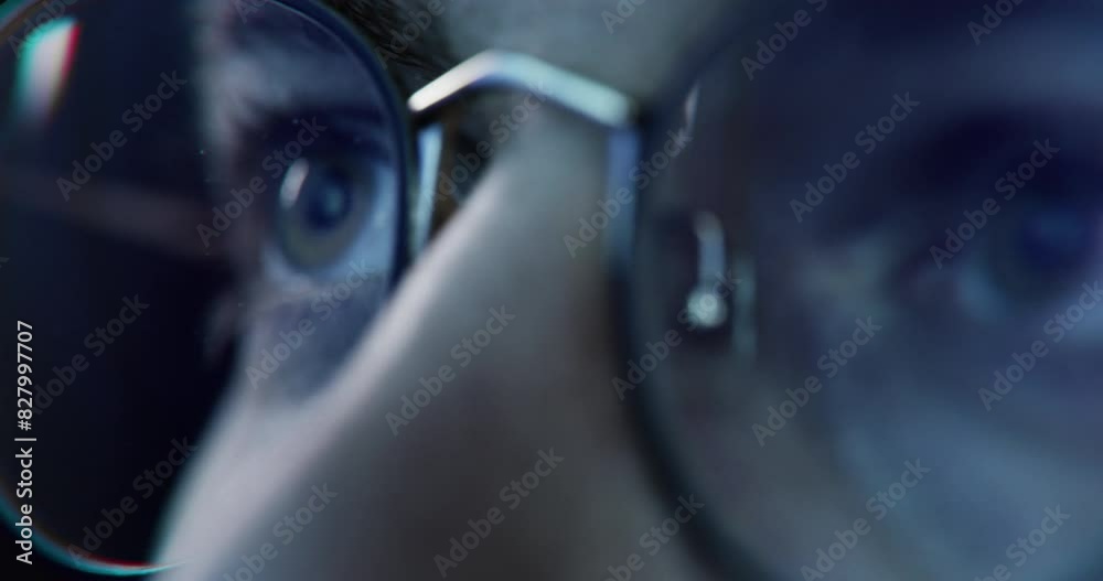 Male Businessman Scientist Eyes Glasses PC Screen Reflection Analyzing Financial Scientific Data Watching TV Browsing Using Internet Reading Working Online Late Scrolling 