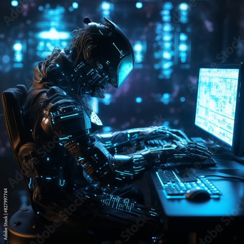 Futuristic digital artwork of a cyborg  working at a holographic computer in a high-tech, neon-lit environment