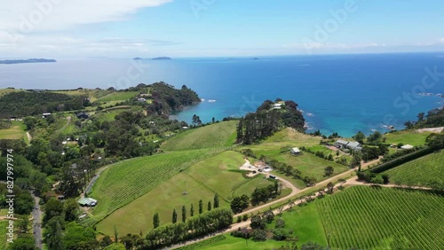 Beautiful Panoramic View of Oneroa Beach, Waiheke Island, New Zealand photo