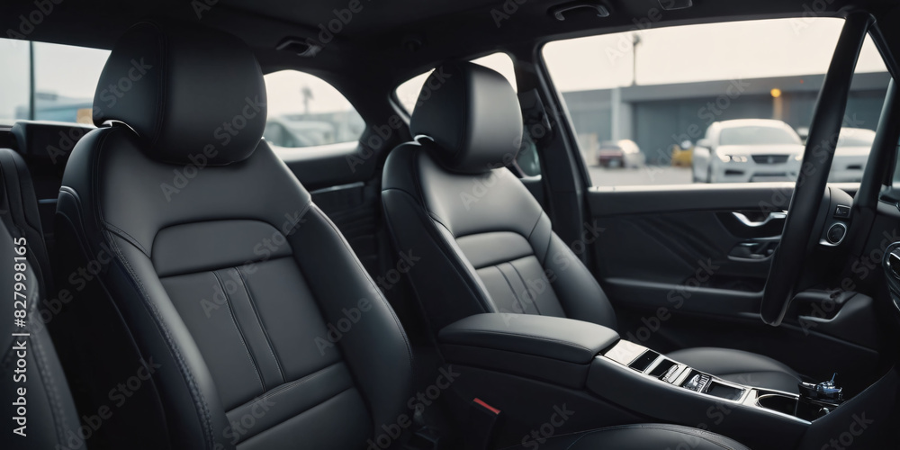 A luxurious car interior with a steering wheel featuring a center stripe, a dashboard with a matching stripe, and sleek seats.