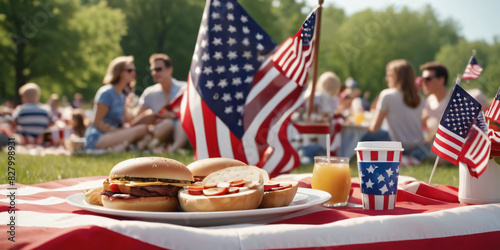 Memorial's day-   A red, white, and blue checkered tablecloth covers a picnic table with a plate of food,  in the shade of American flags waving in the background.