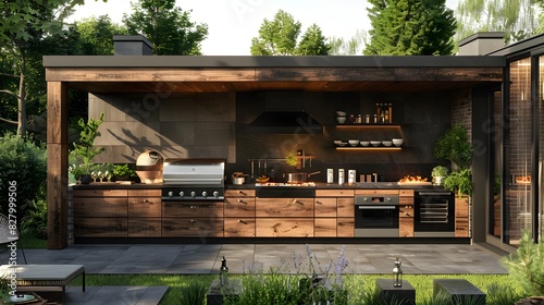 angle of view perpendicular to the taken from the front realistic photo Scandinavian Built-in grill kitchen