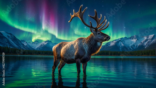 Portrait of a highly detailed majestic reindeer standing by a lake with the beautiful northern lights dancing in the sky photo