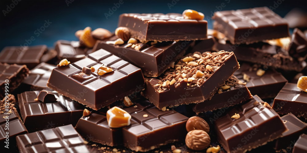Chocolate Shards and Powder on Black. A pile of irregular-shaped chocolate chunks sits on a black background. Chocolate Shards and Powder on Black. A pile of irregular-shaped chocolate chunks sits on a black background.